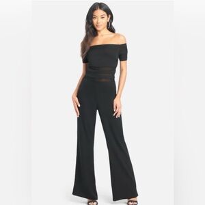 Bebe off shoulder mesh panel jumpsuit